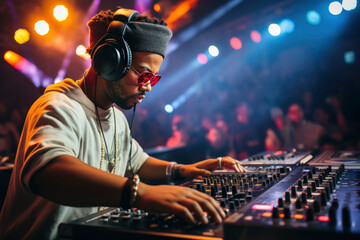 Wall Mural - Dj mixing outdoor at party festival with crowd of people in background - Summer nightlife view of disco club outside