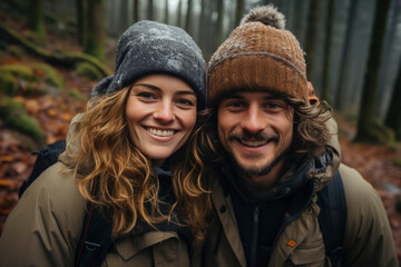 Trendy couple spending time together walking in forest in autumn.