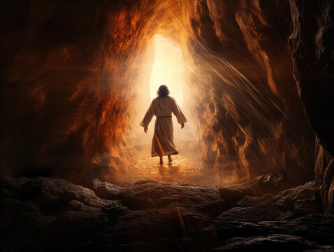 Rear view of Jesus Christ entering cave with holy light