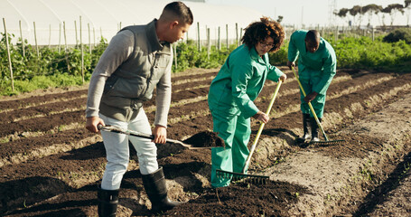 people, farming and rake land, grow healthy food and sustainability for eco friendly agriculture. di