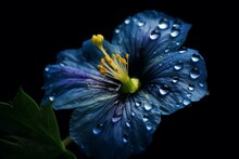 Blue Flower With A Green Stem And Yellow Center On A Black Background, Adorned With Leaves And Water Droplets. Generative AI