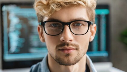  Focused developer coder looking at programming code data cyber security digital tech reflect