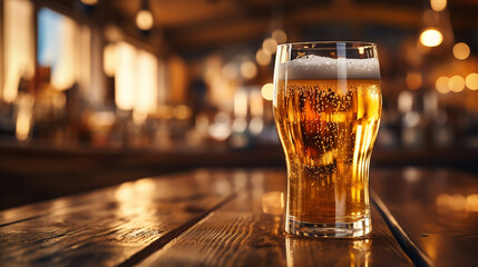 Glass of beer on a bar counter in a pub or restaurant. Empty space. Close up. Mock up. Glass of beers on a local pub, low angle view. High quality photo.