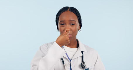 Sticker - Portrait, black woman and doctor with bad smell in studio isolated on blue background mockup space. Face, intolerable stench and medical professional holding breath, nose and disgust for strong odor