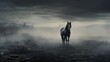  a horse standing in the middle of a field in the middle of a dark, foggy, cloudy sky.  generative ai