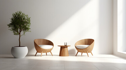 Set of two wooden armchairs and a coffee table against a white wall, modern design