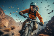 Fearless man tearing down a rugged trail on his extreme sports motorbike, sending dust and gravel flying in his wake. Ai generated
