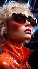 Wall Mural - High Fashion model girl in colorful bright neon lights posing in studio through transparent film. Portrait of beautiful woman in UV. Art design colorful make up. Model illustration. Generative AI