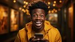 Recommendation. Portrait of excited black guy holding big smartphone with white blank screen in hand, showing close to camera and pointing at device. Man portrait illustration. Generative AI