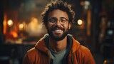 Fototapeta  - Young handsome man with beard wearing casual sweater and glasses over background happy face smiling with crossed arms looking at the camera. Smile emotion illustration. Generative AI