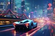 A futuristic race car speeding through a vibrant cityscape with neon lights and beautiful architecture. Generative AI