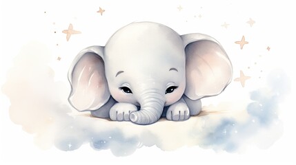 Wall Mural -  a painting of a baby elephant laying on the ground with its trunk on the ground, with stars in the background.  generative ai