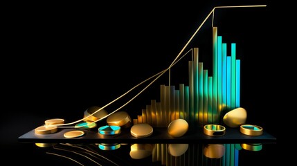 a graph of gold and blue bars and coins