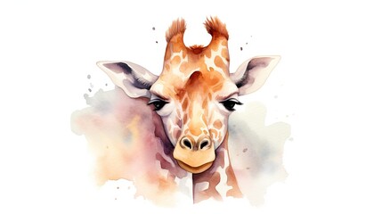 Poster -  a close up of a giraffe's face with a watercolor painting of it's head.  generative ai