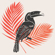 © Nataliia Shelyaga - Toucan bird on a branch with tropical leaves background. Hand drawn vector illustration in vintage technique of linocut or woodcut stamped.