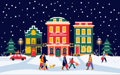 Christmas night scene panorama  with decorated houses and people walking with bags of gifts. Vector illustration 