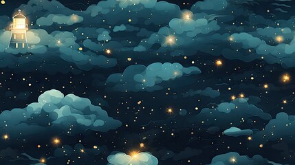 Poster -  a night scene with a sky full of stars and clouds with a light tower in the middle of the night.  generative ai