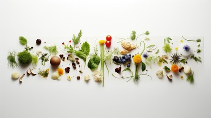 Poster -  a group of different types of vegetables laid out on a sheet of paper on a white surface, including broccoli, mushrooms, carrots, celery, blueberries, and more.  generative ai