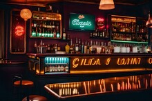 A Retro-inspired Bar Area With A Neon Sign, Vinyl Record Collection