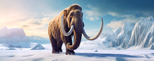 Furry Mammoth Migrate Through Icy Landscape. Postproducted Generative AI Illustration.