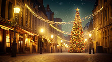 Christmas Lights Hanging On Empty Street At Christmas Time In Old Town. Postproducted Generative AI Illustration.