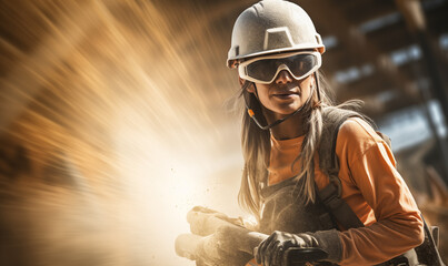 Female construction worker in hard hat and safety glasses. Woman worker on construction site with sun beams falling on dust.