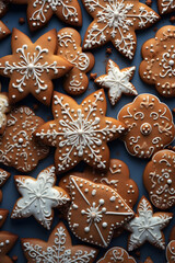 Wall Mural - Abstract background with Christmas gingerbread pieces and cookies on gray background. Vertical composition.