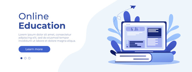 Online education concept. Vector website page layout. Illustration of book with laptop in flat style. Vector illustration EPS 10