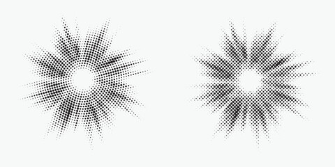 Poster - Halftone Background. Glowing light Halftone effect. Abstract grunge Starburst halftone dots background set. Star Flare, Shine light halftone texture. Retro background, pop art style.
