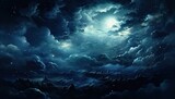 Fototapeta  - Górski krajobraz nocą z gwiaździstym niebem, chmurami i światłem księżyca. 