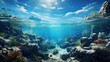 Podwodne widok na rafę koralową i niebieskie niebo. 