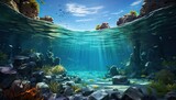 Fototapeta  - Podwodne widok na rafę koralową i niebieskie niebo. 