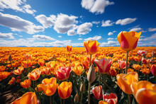 Panorama Of Landscape With Blooming Colorful Tulip Field, Traditional Dutch Windmill And Blue Cloudy Sky In Netherlands Holland , Europe - Tulips Flowers Background Panoramic Banner 