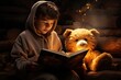 © Bear Boy  - Młody chłopiec czytający książkę z pluszowym misiem. Symbol rozwoju wyobraźni, marzeń i edukacji.
