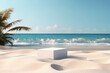Summer tropical background, Podium on sand beach on sea background, Mock up for the exhibitions, Presentation of products, 3d render.generative ai.