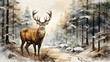 Watercolour illustration of deer in winter wood