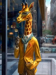 Wall Mural - AI generated illustration of A giraffe wearing a formal suit and tie