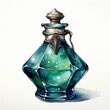 Watercolor painting of beautiful bottles with magical potion.