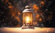 Christmas lantern with snow and bokeh background. Festive decoration.