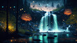 カラフルな蛍の光が乱舞する夜の幻想的な森の中の滝　AI生成画像