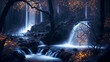 蛍のオレンジ色の光が照らす夜の神秘的な森と滝　AI生成画像