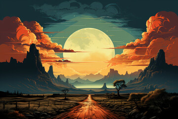 Wall Mural - highway road horizon moon vintage adventure 