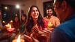 Indian Hindu family gathered together celebrating Diwali at home - Model by AI generative