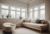 Fototapeta Panele - Beige corner daybed sofa against windows in room with high ceiling Minimalist home interior design 
