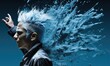 © TheoTheWizard - Young man with blue hair in a leather jacket and futuristic makeup. Young man in dynamic pose with blizzard and distortion effect abstract portrait.