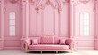 © Rangga Bimantara - luxurious pink velvet sofa and light pink wall.interior room with pink velvet sofa, neoclassical symmetry