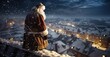 Santa Claus, poised on a snow-covered rooftop, preparing to descend a chimney