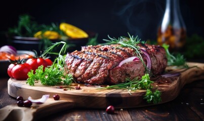 Grilled beefsteak with onion rings and rosemary on wooden board