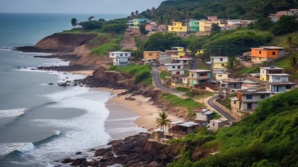 Canvas Print - Scenic view over Cape Coast, Huts and houses along the coastline of Cape Coast.
