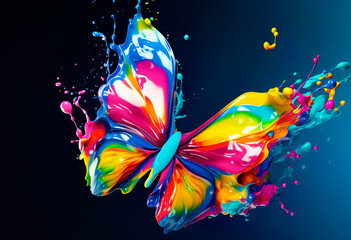 Wall Mural - Multicolored liquid splash mixing with butterfly shape.Fantasy digital art background.animal in surreal surrealism ideas.creativity and inspiration